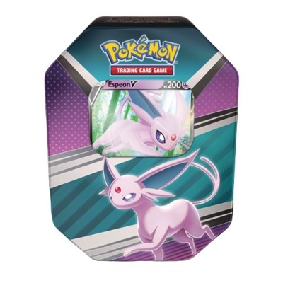 Lata metálica octogonal com design do Pokémon Espeon para jogo de cartas Pokémon