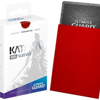 Caixa de capas para cartas Katana e uma capa vermelha com cartas negras