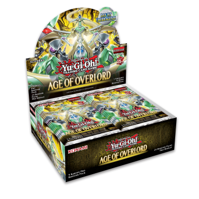Expositor de boosters Yu-Gi-Oh! Age of Overlord com várias caixas abertas e ilustrações de personagens no fundo.