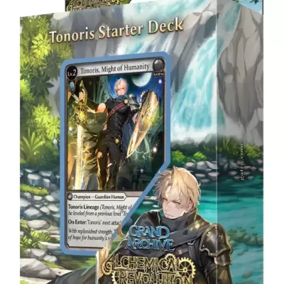 Embalação do jogo de cartas Grand Archive Alchemical Revolution com Tonoris Starter Deck e carta Tonoris, Might of Humanity.