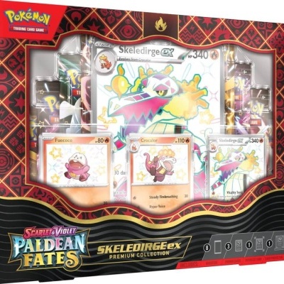 Caixa de coleção Pokémon Paldean Fates Premium Collection SkelidergeeX com cartas visíveis e fundo geométrico vermelho e preto