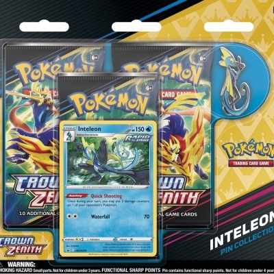 Conjunto Pokémon TCG com pacotes de cartas, cartão de Inteleon e pin Inteleon
