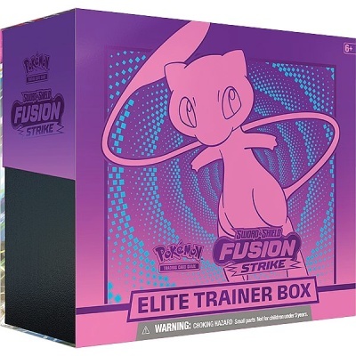 Caixa Elite Trainer Box Pokémon Sword Shield Fusion Strike cor roxa com rosa e imagem do personagem Mew.