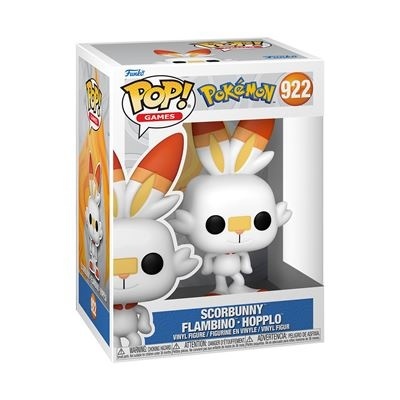 Boneco Funko Pop! Pokémon Scorbunny numa caixa branca e azul
