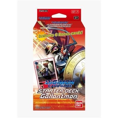 Caixa do Digimon Card Game Starter Deck Gallantmon, laranja e vermelha com imagens de personagens
