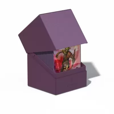 Estojo roxo com cartas de jogo visíveis mostrando criatura robótica