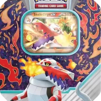 Lata colecionável do Pokémon com carta Skeledirge ex e design de chamas