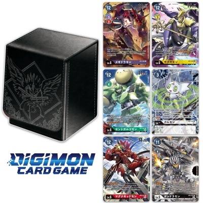 Caixa preta de couro com logo Digimon e seis cartas de Digimon coloridas ao lado
