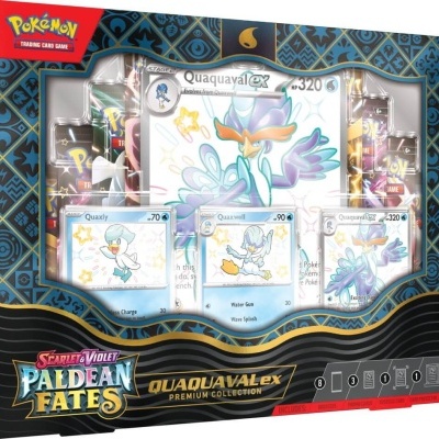 Caixa da coleção Premium de cartas Pokémon com cartas Quaquaval EX em destaque