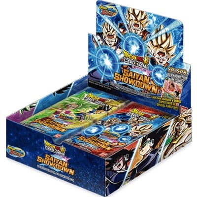 Expositor com pacotes de cartas Dragon Ball Super Card Game Saiyan Showdown