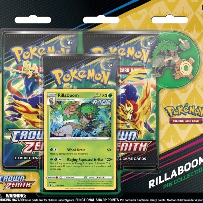 Conjunto de cartas Pokémon com dois pacotes e um pin de Rillaboom