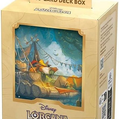 Caixa embalagem para baralho de cartas Disney Lorcana de cor bege com ilustração colorida de cenário fantástico