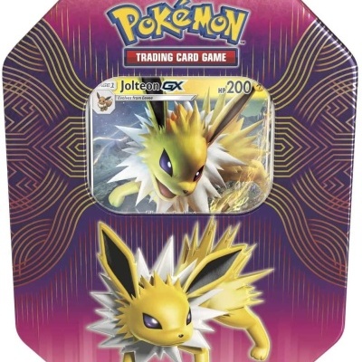 Caixa metálica do jogo de cartas Pokémon com imagem de Jolteon amarelado