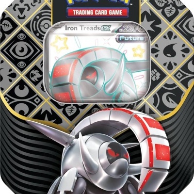Embalagem metálica do jogo Pokémon com figura do Pokémon Iron Treads EX.