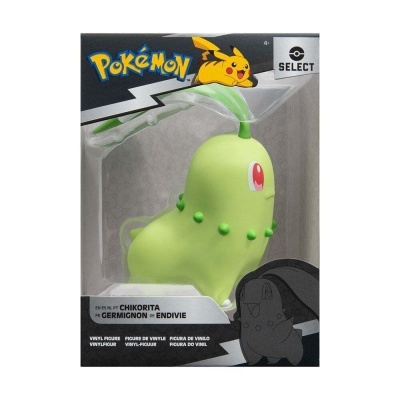 Figura vinil Pokémon Chikorita verde embalagem