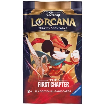 Pacote de cartas do jogo Disney Lorcana com Mickey guerreiro e texto THE FIRST CHAPTER