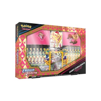 Conjunto Pokémon TCG Crown Zenith embalagem rosa com cartas, pins metálicos e baralho especial