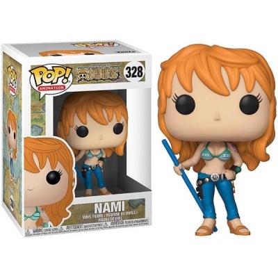 Figura Funko Pop Nami da One Piece com cabelo laranja e roupa azul na caixa.