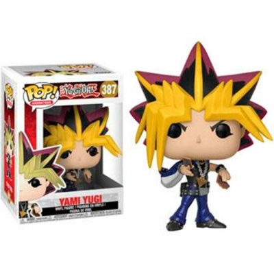 Funko Pop! Yami Yugi de vinil com cabelo amarelo e preto, roupa azul e castanha, em caixa 387
