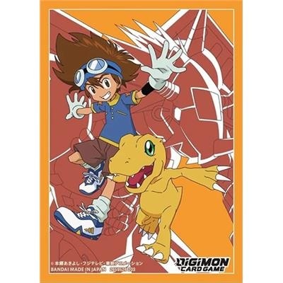 Personagem e criatura amarela de Digimon com fundo laranja e texto Digimon Card Game