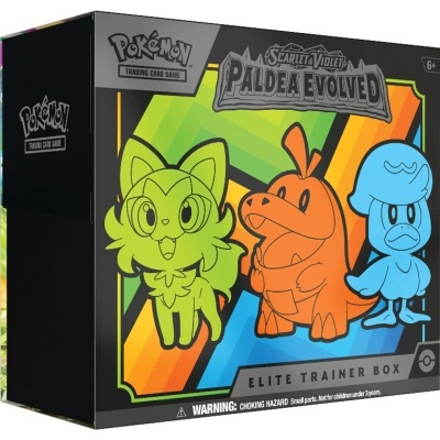 Caixa de jogo Pokémon Elite Trainer Box com personagens coloridos e textos informativos
