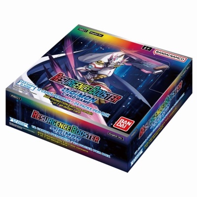 Caixa de booster Resurgence Booster do jogo Digimon com cores e arte digital