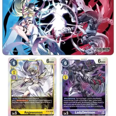 Dois cards Digimon sobre tapete de jogo temático em azul e vermelho com personagens femininos.