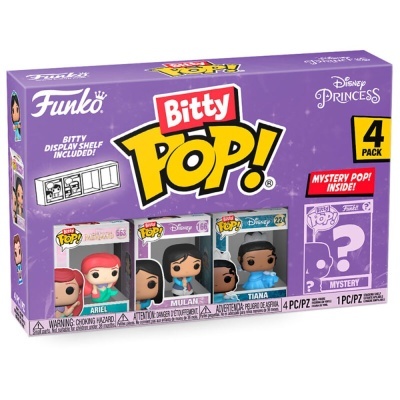 Embalagem roxa de Funko Bitty Pop! com quatro figuras de princesas Disney e uma figura misteriosa