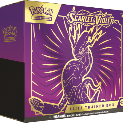 Caixa Pokémon Scarlet & Violet Elite Trainer Box roxa e dourada com imagem de Pokémon