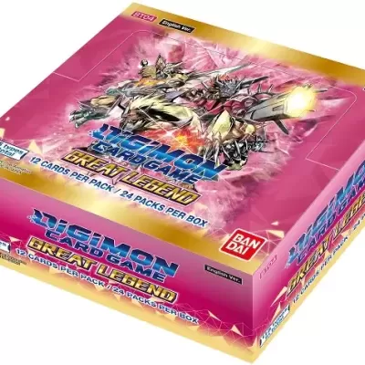 Caixa do jogo Digimon Card Game Great Legend, rosa e amarela, com ilustrações e texto visível.