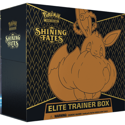 Caixa Pokémon SHINING FATES ELITE TRAINER BOX preta e dourada com ilustração de Pokémon