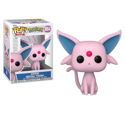 Figura Funko Pop! Espeon Pokémon rosa com orelhas azuis e ponto vermelho na testa na caixa