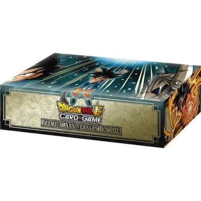 Caixa do jogo Dragon Ball Super Card Game Premium Anniversary Box 2023 com personagens de anime