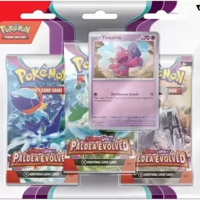 Conjunto de três pacotes de cartas Pokémon com carta Tinkatink visível e embalagem colorida