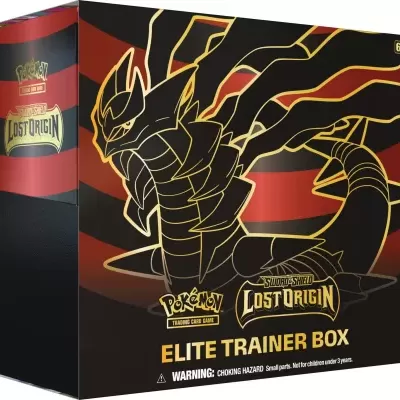 Caixa preta e vermelha do Pokémon Elite Trainer Box com ilustração dourada de Pokémon dracônico e textos oficiais