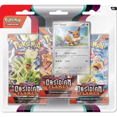 Pack de trading cards Pokémon Obsidian Flames com três pacotes e carta de Eevee visível