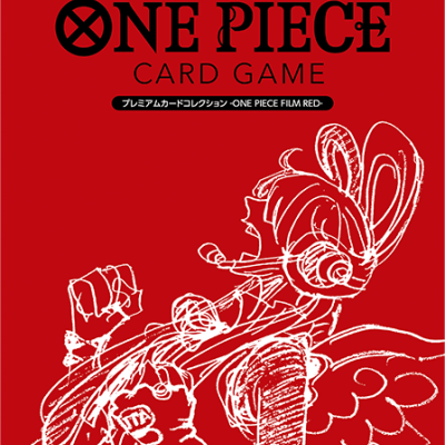 Embalagem vermelha do jogo de cartas ONE PIECE CARD GAME com desenho de personagem em linha branca