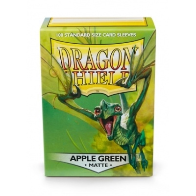 Caixa verde Dragon Shield com dragão e texto Apple Green Matte para sleeves de cartas