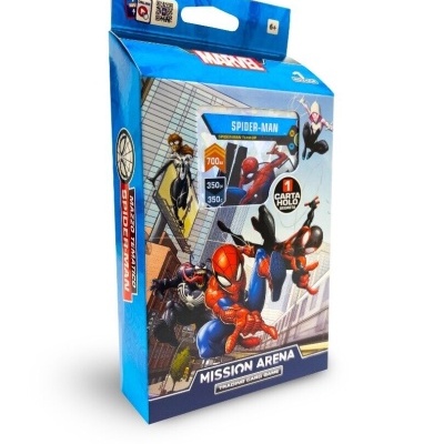 Embalagem azul do jogo de cartas Marvel Mission Arena com personagens Spider-Man.