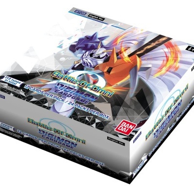 Caixa do jogo Digimon Card Game Battle of Omni com ilustração de Digimon robótico e texto em inglês
