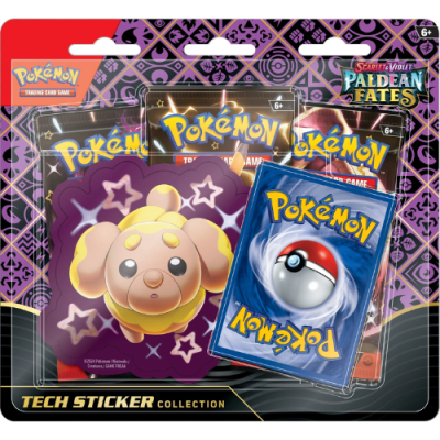 Pacote de cartas Pokémon TCG com autocolante Tech Sticker Amarillish em embalagem roxa e preta.