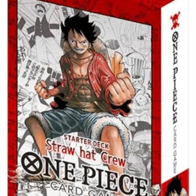 Embalagem de jogo de cartas One Piece com personagem principal colorido e fundo vermelho e branco.