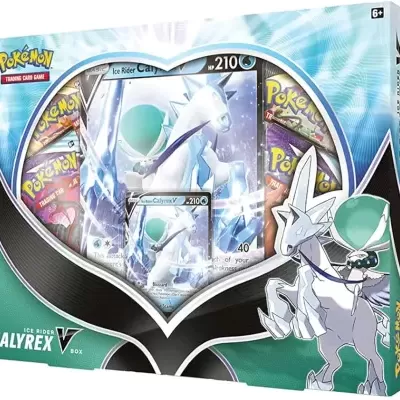 Caixa do jogo de cartas Pokémon Ice Rider Calyrex V com ilustração de criatura branca e azul