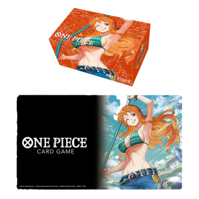 Caixa laranja e manual colorido do jogo de cartas ONE PIECE com personagem animada