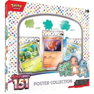 Caixa de coleção Pokémon Scarlet & Violet 151 com cartas Bulbasaur, Charmander e Squirtle