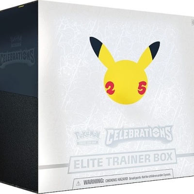 Caixa branca do Pokémon Celebrations Elite Trainer Box com rosto amarelo do Pikachu e texto