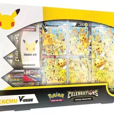 Caixa do conjunto especial de cartas Pokémon Celebrations Pikachu V Union com Pikachu e texto na embalagem