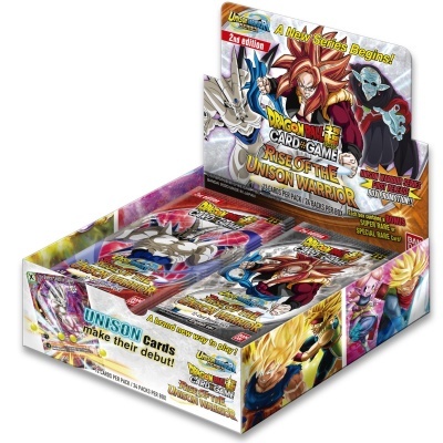 Caixa colorida de cartas Dragon Ball Super Card Game Rise of the Unison Warrior com personagens e texto em inglês