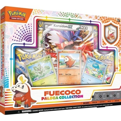 Caixa do jogo Pokémon Trading Card Game com cartas e pin Fuecoco