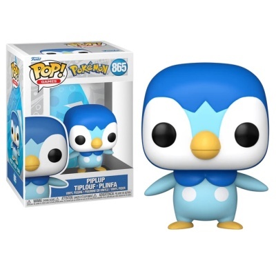 Figura colecionável POP! Games Piplup azul com embalagem ao lado